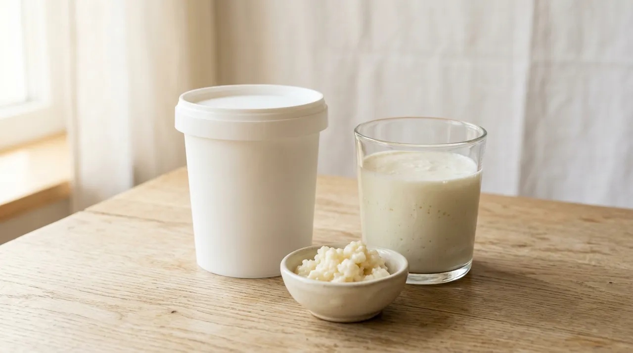Industrieller Kefirbecher neben einem Glas frischem Kefir mit lebenden Knollen auf hellem Holztisch