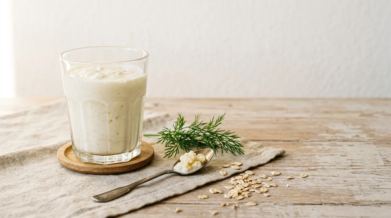Glas frischer Milchkefir mit Kefirknollen, Dill und Haferflocken auf hellem Holztisch