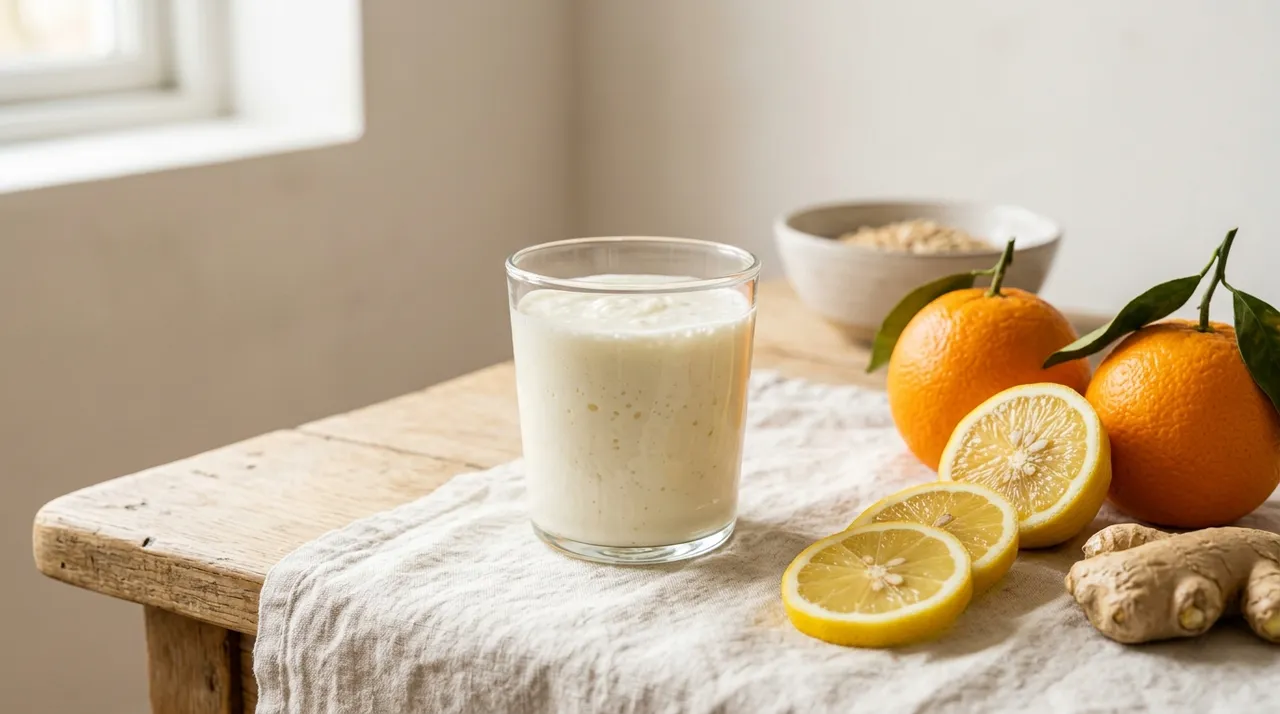 Glas Milchkefir neben frischen Zitrusfrüchten und Ingwer auf hellem Holztisch