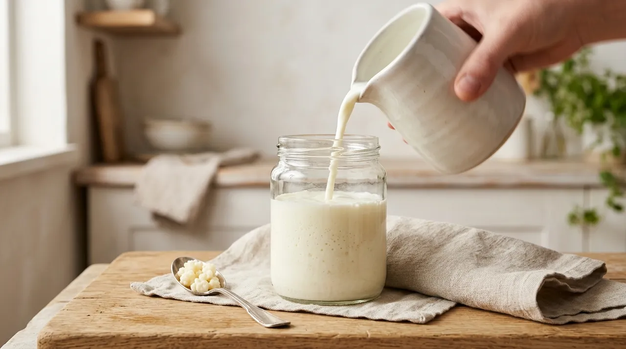 Glas frischer Milchkefir, in das Milch eingegossen wird, auf hellem Holztisch