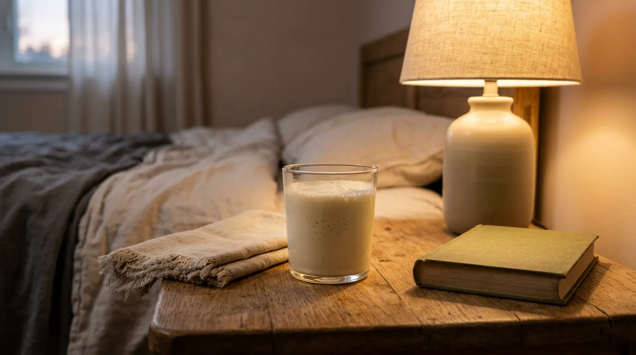 Glas Milchkefir auf einem Nachttisch im warmen Abendlicht