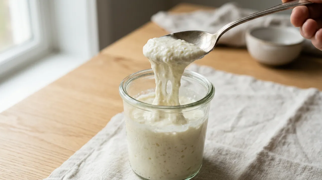 Löffel hebt fadenziehenden, leicht schleimigen Milchkefir aus einem Glas auf hellem Holztisch