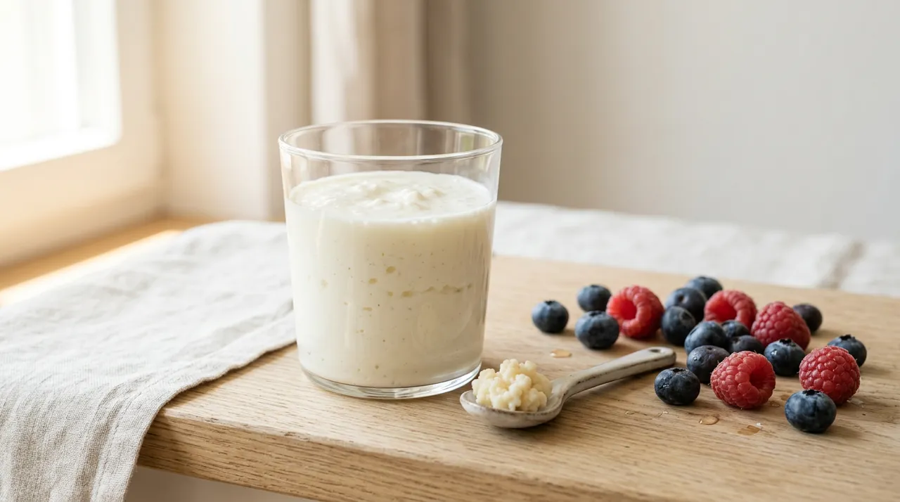 Glas mit frischem Milchkefir und Beeren auf einem hellen Holztisch