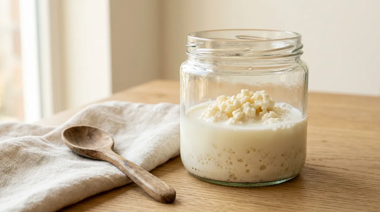 Cremefarbene Milchkefirknollen in einem Glas mit frischer Milch auf hellem Holztisch