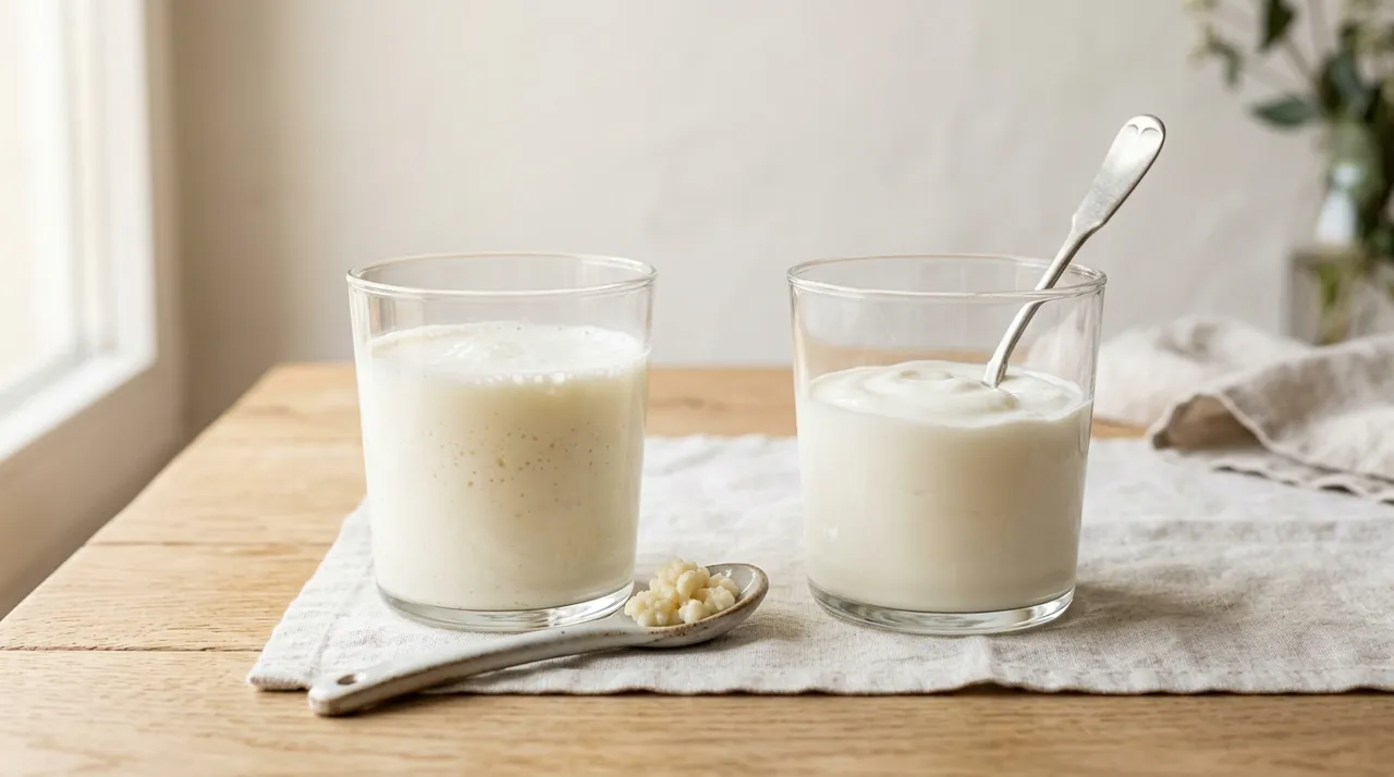 Milchkefir und Joghurt nebeneinander im Glas auf hellem Holztisch