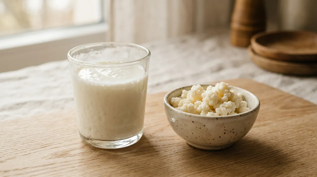 Glas frischer Milchkefir mit cremefarbenen Kefirknollen auf einem hellen Holztisch