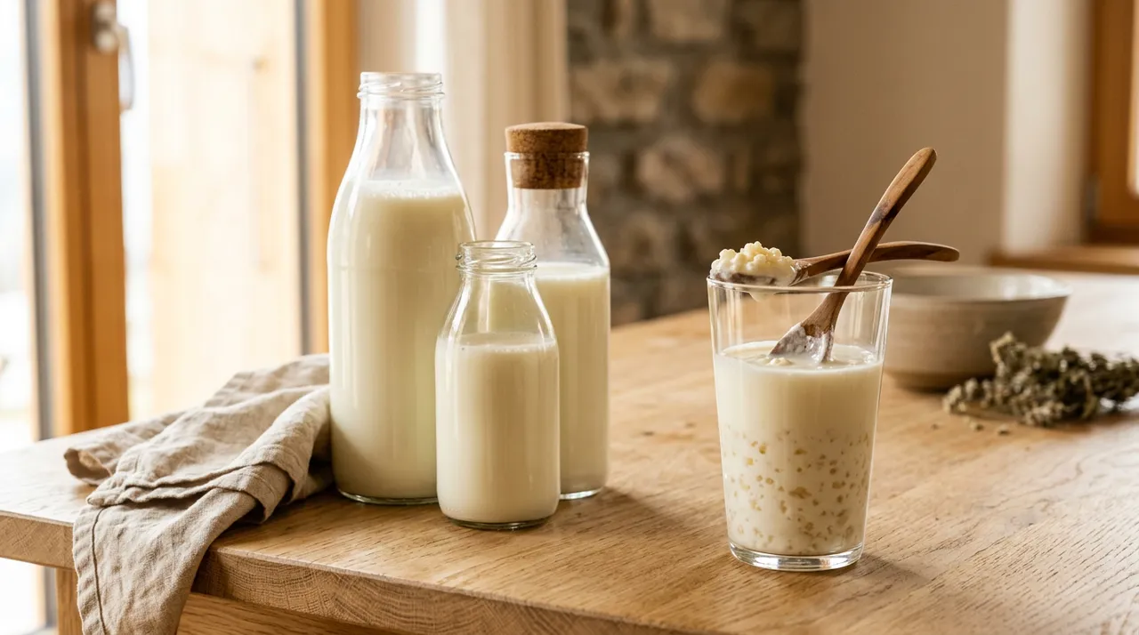 Verschiedene Milchflaschen und ein Glas frischer Milchkefir mit Kefirknollen auf hellem Holztisch