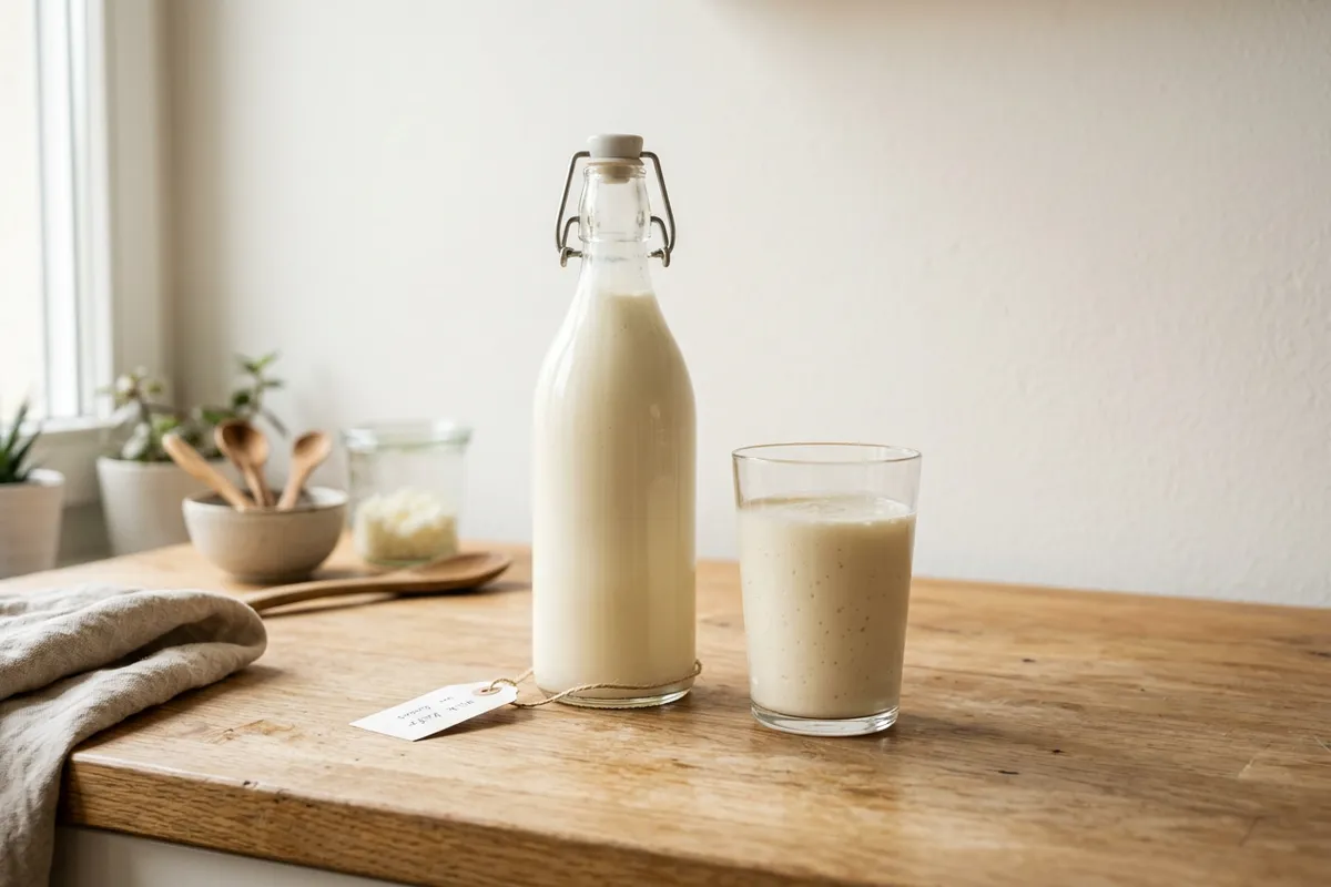 Fertiger cremiger Milchkefir in einer Glasflasche mit einem gefüllten Glas daneben