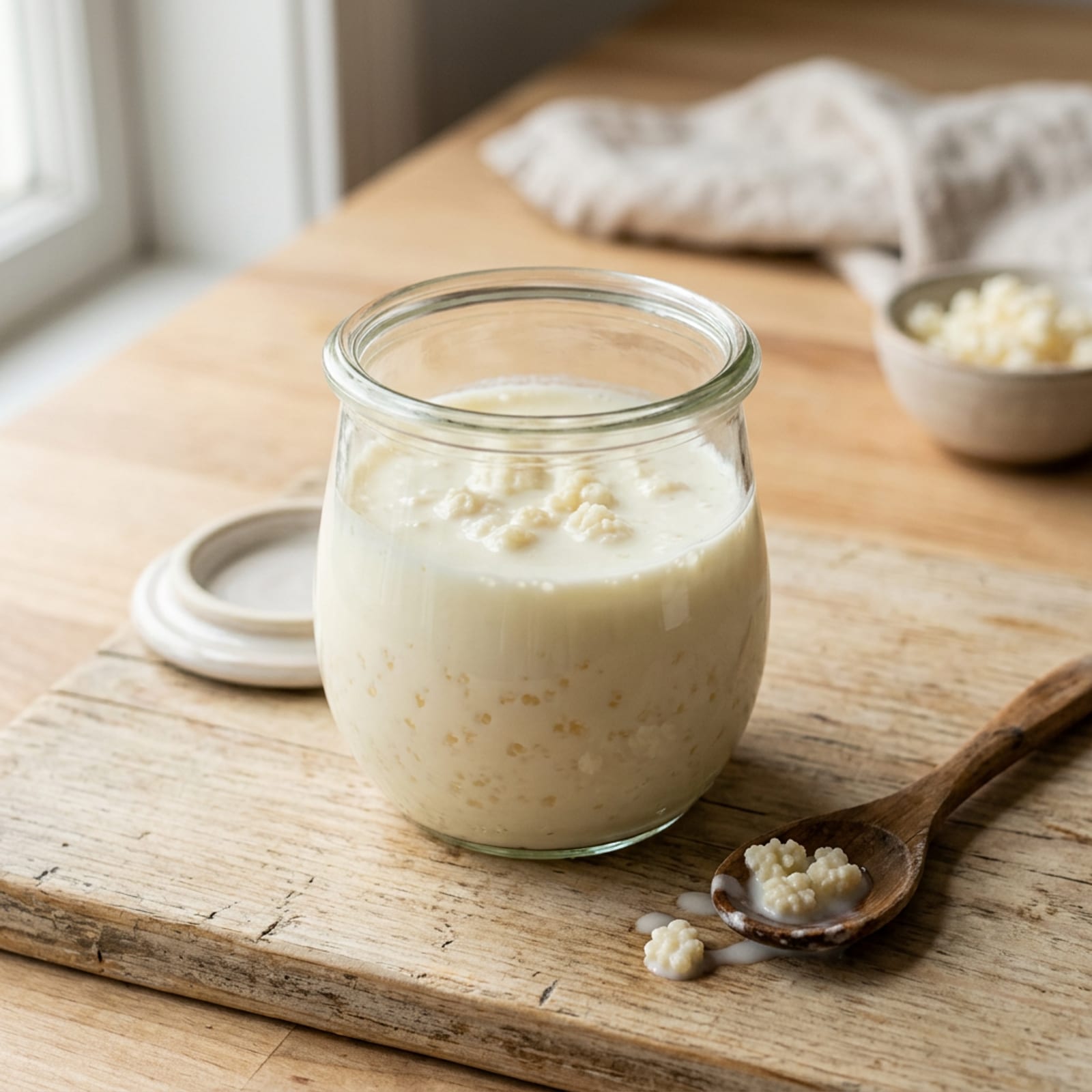 Glas mit frischem Milchkefir und lebendigen Kefirknollen