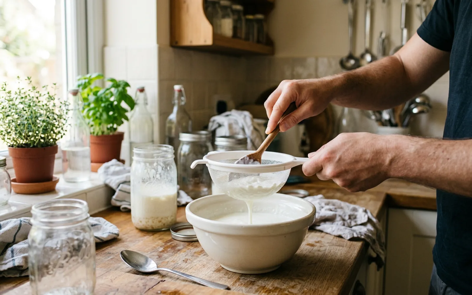 Frischer Milchkefir wird in der Produktion in Liestal von Hand durch ein Sieb abgesiebt